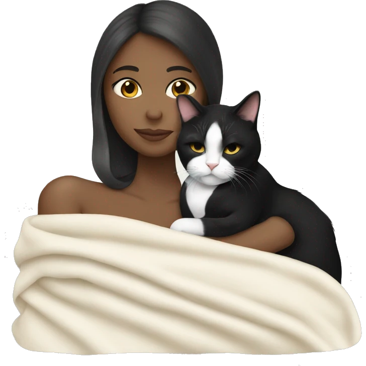 White girlfriends snuggling with a tuxedo cat with a blanket emoji