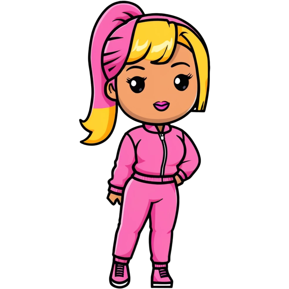Nicki Minaj wearing a pink outfit with blonde and pink hair emoji