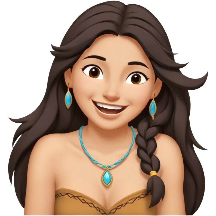 Cinematic Adorable Pocahontas Portrait Emoji, Laughing softly as Meeko tugs at her necklace, hair tousled in the wind, eyes full of warmth, a carefree spirit shining through, capturing the essence of beauty and playfulness! emoji
