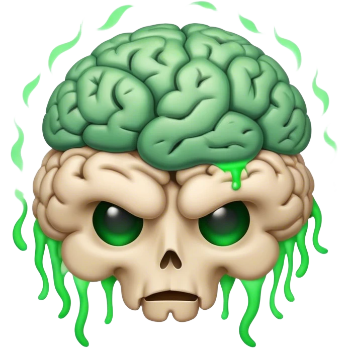 rotting, shriveling brain emoji with green smoke coming up and flies surrounding it emoji