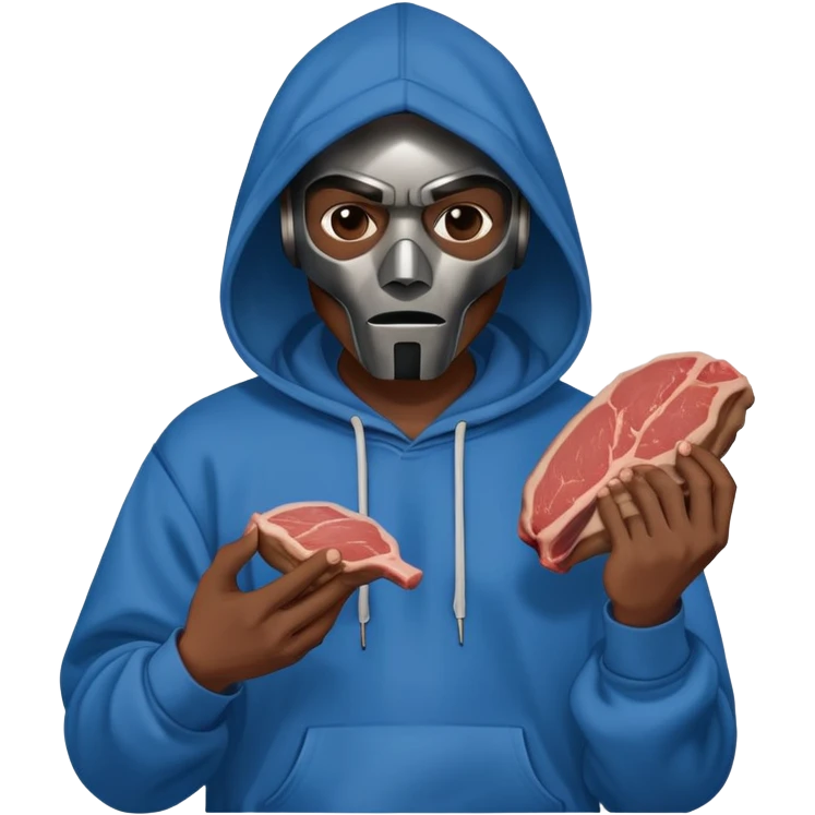 MF DOOM in a blue hoodie holding a piece of meat emoji