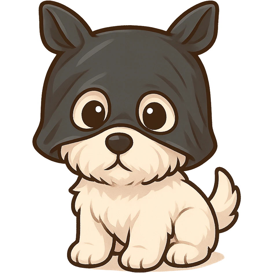 A West Highland Terrier puppy with a black plastic bag on its head, its eyes sticking out from the bag, looking at the audience emoji