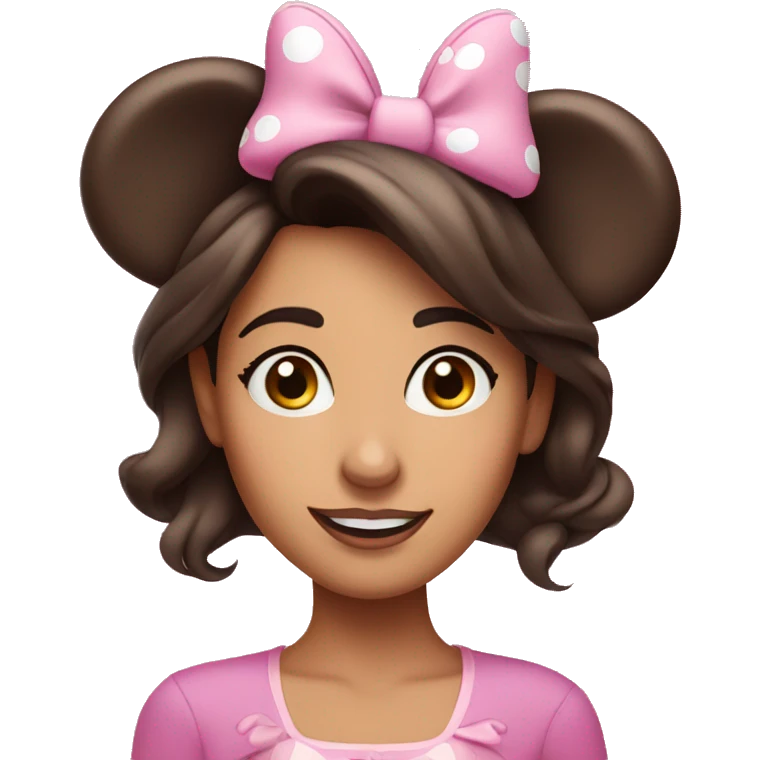 Brunette woman with brown eyes wearing pink minnie mouse ears emoji