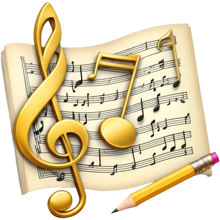 Create a bright and artistic emoji that represents music composition. The design should feature musical notes, a pencil or quill, and a sheet of music, symbolizing the creative process of composing a song. Add a touch of elegance with flowing lines to represent melody and rhythm. Use gold or silver tones for sophistication, and incorporate a mix of vibrant colors to convey creativity. The background should be transparent. emoji