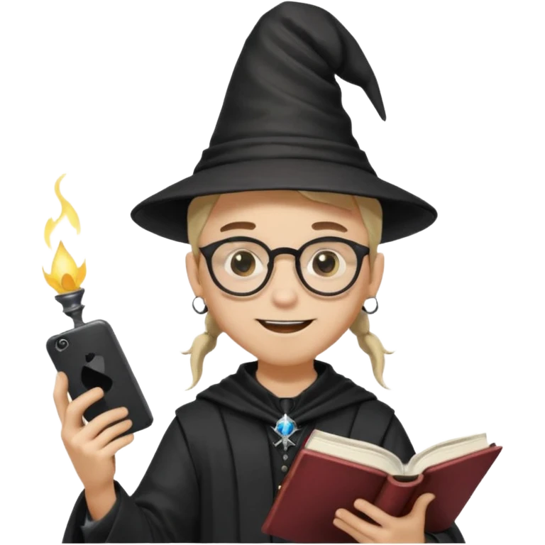 ["A happy boy with light skin, ponytail, wearing a wizard hat and square glasses, dressed in goth fashion, is reading a book while holding a phone."] emoji