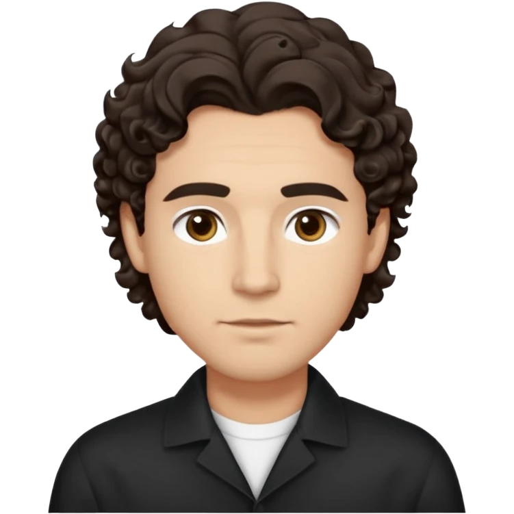 He’s a man with light to medium skin, a defined oval face, full brows, deep-set eyes, and wavy to curly dark brown hair styled with height, sides are low. expression calm and focused relaxed black open-collar shirt.polished, articulate, and professional vibe. emoji