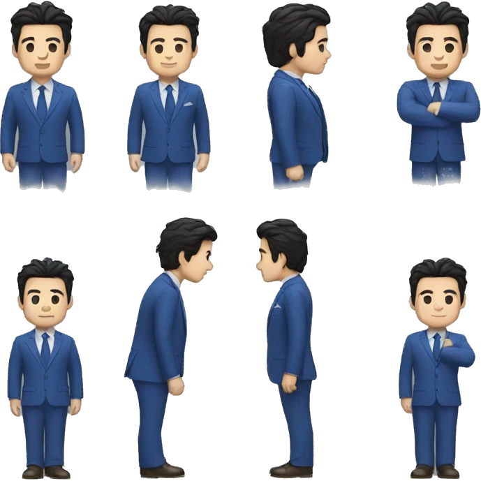 man wear blue suit, black hair, white skin, all body emoji
