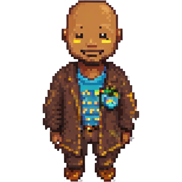 Change the skin tone to a dark brown, keep the 8-bit pixel art style, bald, smiley, low beard, with no background. emoji