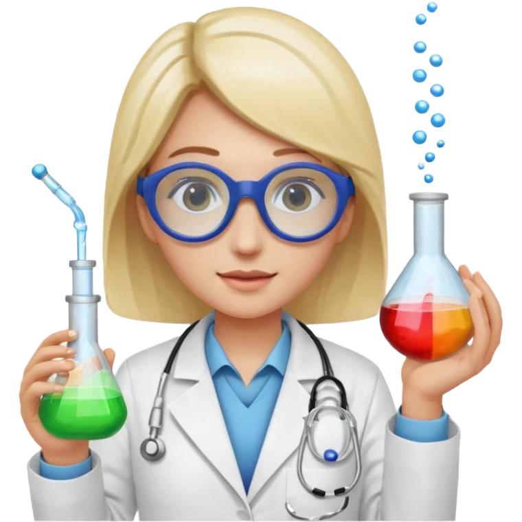 A person wearing safety goggles, a stethoscope, and a white coat. In one hand they hold a test tube containing chemicals  emoji
