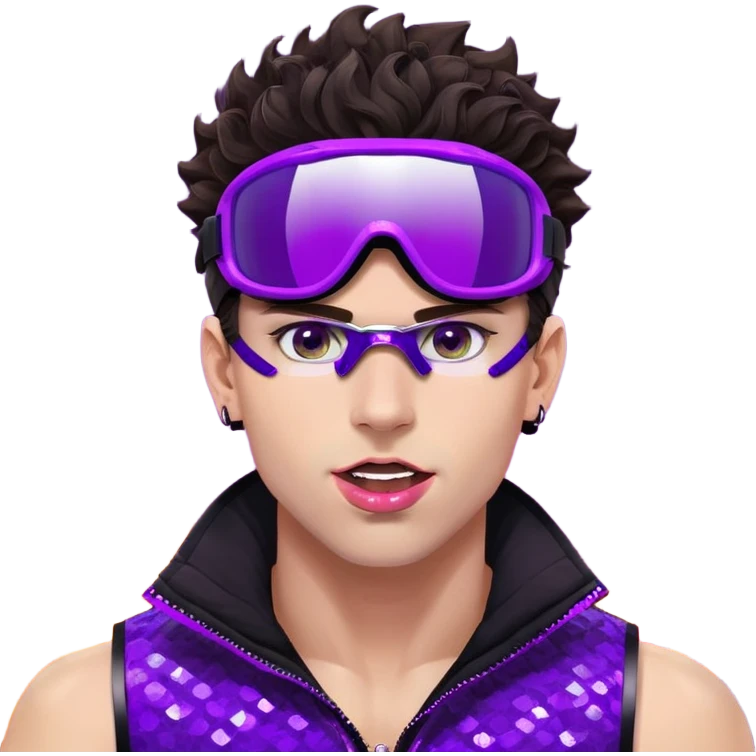 close-up of cool guy male athlete with white skin and moderately curly dark brown hair on top with shaved sides, with one purple ski goggle lens pushed up above his eyes on his forehead, sticking his tongue out of his mouth, wearing only a plain black chain necklace around his neck, and a completely unzipped sleeveless vest with purple and black sequin fire pattern design with no logo, clearly showing he is shirtless underneath with exposed chest and abs emoji