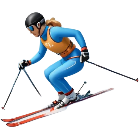 An icon featuring snowy peaks, pine trees, and a picturesque mountain landscape with a skier racing down a snow-covered slope, The sky is blue with soft clouds, capturing the thrill and beauty of alpine skiing. Transparent background highlights the excitement and serenity of winter sports. emoji