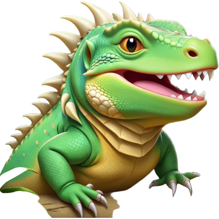 Cinematic Cute Yawning Iguana Portrait Emoji, Head tilted slightly with a dramatic, wide-open yawn, showcasing a sturdy, scaled body with a softly drooping spiky crest and sleepy, half-closed eyes, Simplified yet irresistibly adorable features, highly detailed, glowing with a soft, cozy jungle glow, high shine, relaxed yet expressive, stylized with a dash of whimsical charm, soft glowing outline, capturing the essence of a drowsy yet affectionate iguana that appears ready to stretch out for a nap! emoji