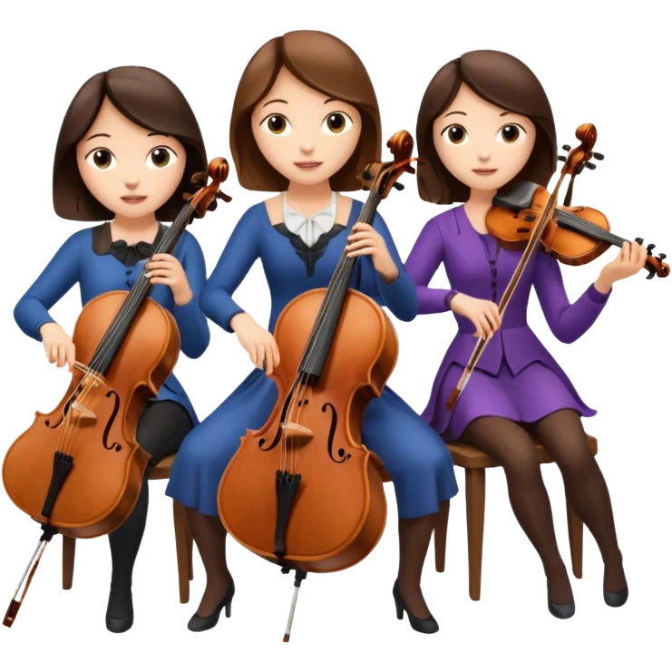 Create an imagine of three brunette women playing string instruments, the first is playing a cello, the second is playing a viola and the third is playing the violin emoji