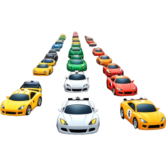 grandstands filled with cheering crowds, checkered flags waving, and traffic lights signaling the start, with a thrilling atmosphere of anticipation and speed. Sporty cars and motorcycles lined up at the starting line, ready to race, with a vibrant racetrack in the background. emoji