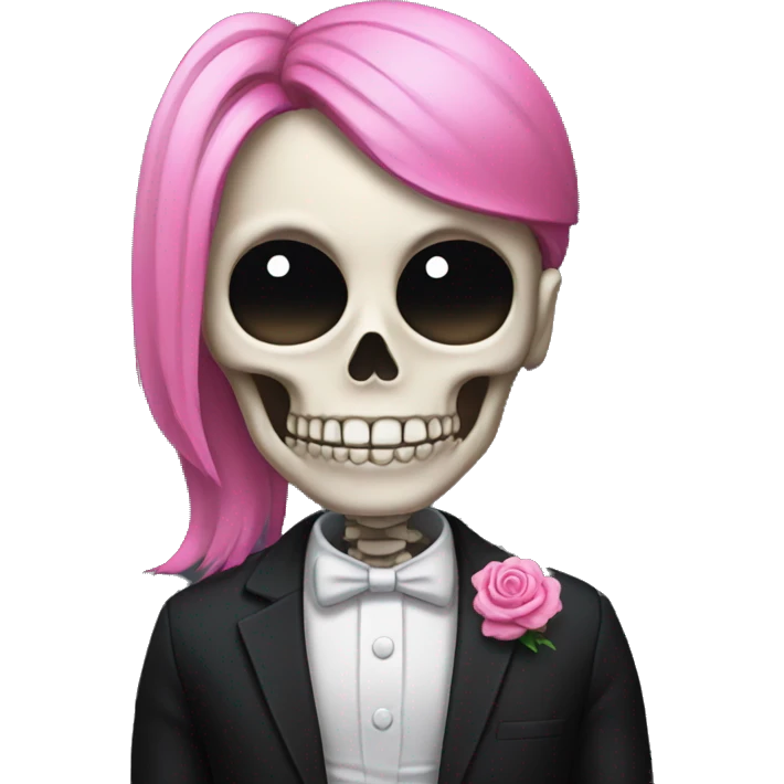 Skeleton emoji, no eyes, with a high pink ponytail wearing a black suit emoji