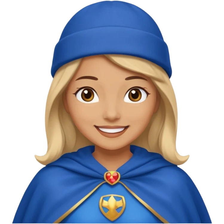 Female hero in blue beanie, cape flowing, smiling proudly.


































 emoji