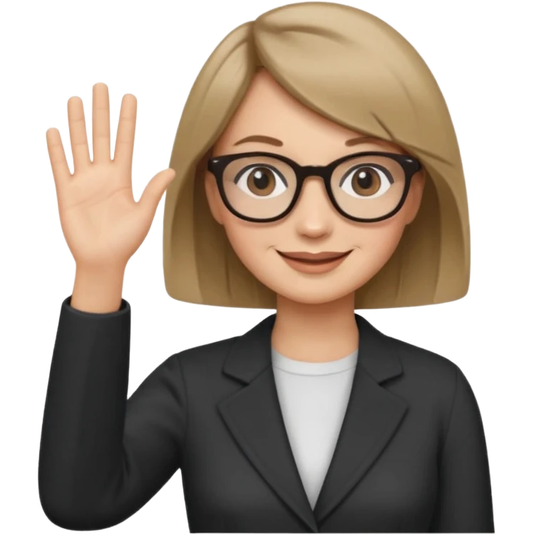 woman dark blonde petite bob haircut wears dark squarish glasses, classic clothes, smiling, waving, a tad older emoji
