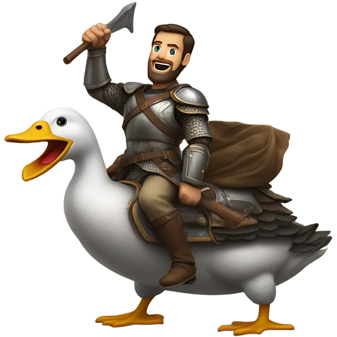 Confident armored White Man with dark brown hair and a short beard pointing forward with one arm yelling a battle charge while riding on the back of a giant duck emoji