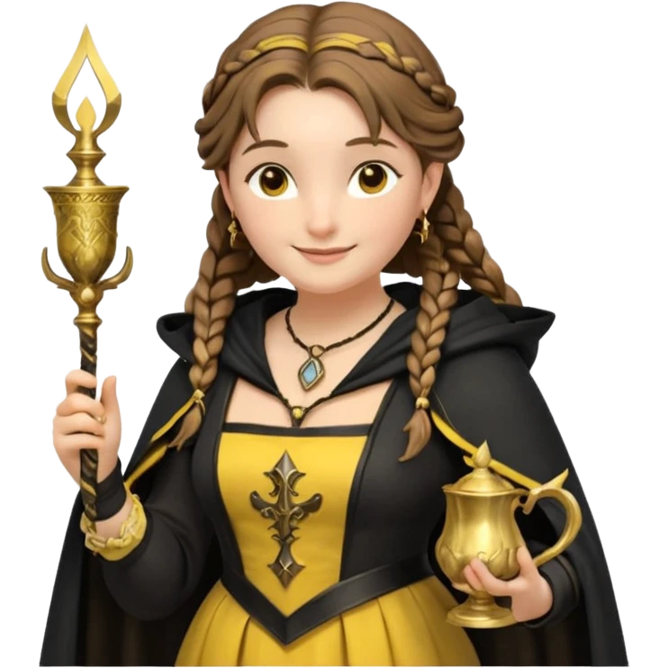 Helga Hufflepuff,the Hogwarts founder of Hufflepuff,brown-haired,2braids,yellow-black medieval dress with black cloak decorated with gold braiding,flickering magic wand and tiny two-handled shiny gold cup engraved with the badger silhouette,very kind smile,curvy busty sweet emoji