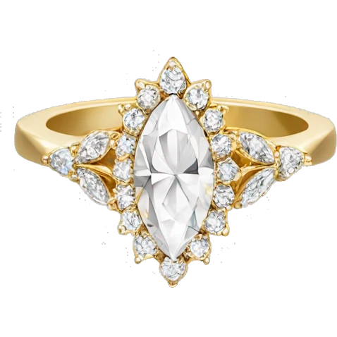 A marquise diamond ring with a vintage floral halo, small diamonds around the center stone, and a thin gold band.  Elegant and timeless. emoji
