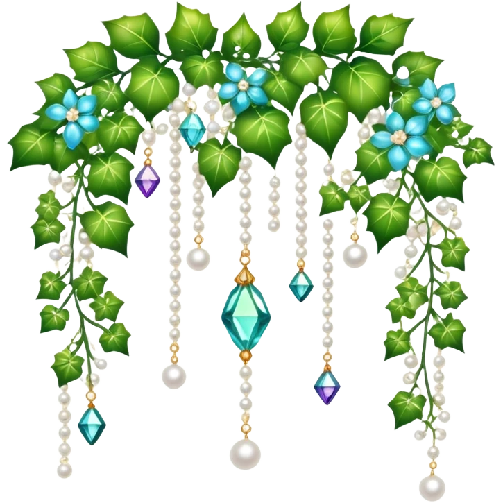 Exotic romantic Few cute tiny Iridescent glistening glossy sparkly shiny glittery hanging crystals pearls and beads and gemstones scenery scenic decorations with ivy and flowers emoji