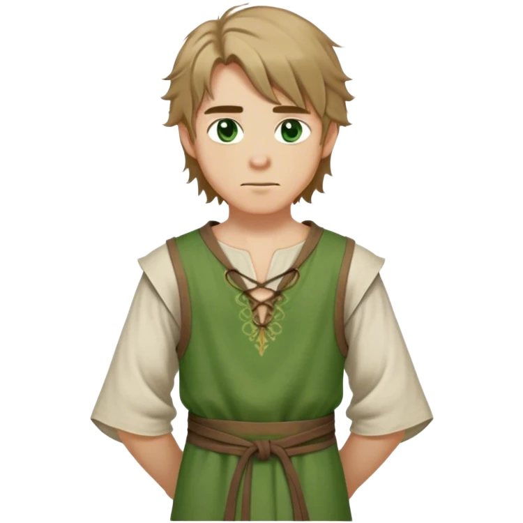 medieval summer outfit worn by a DnD themed fantasy male character. lightweight flax tunic with no sleeves and a simple tied neckline. clothes only above the waist. The clothes full waist. The character's haven't arms. character is white-skinned, dark blonde hair, green eyes, shoulder-length messy hair. emoji