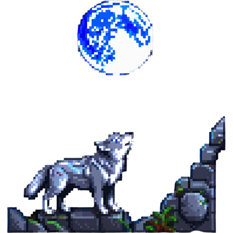wolf in minecraft style, pixel art, howling at a blocky moon emoji