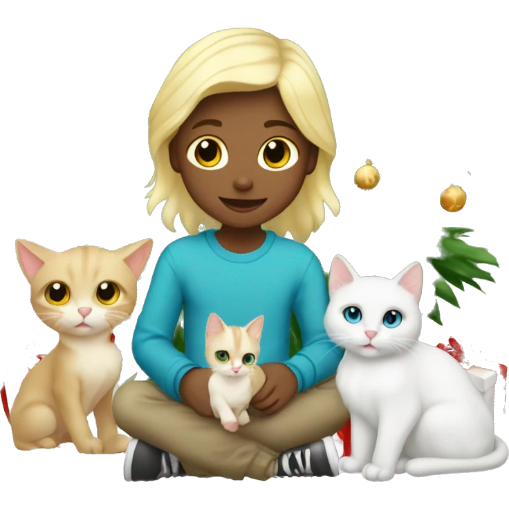 Blond kid with two white and Sibirien cats under a Christmas tree emoji