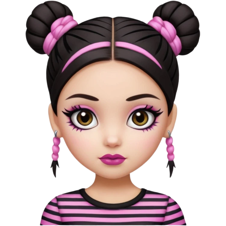 generate a pretty fair bratz girl with dark brown eyes. Dark brown hair straight hair with pink highlights tied into buns.  eyeliner. black lipstick. Black and white striped top.  emoji