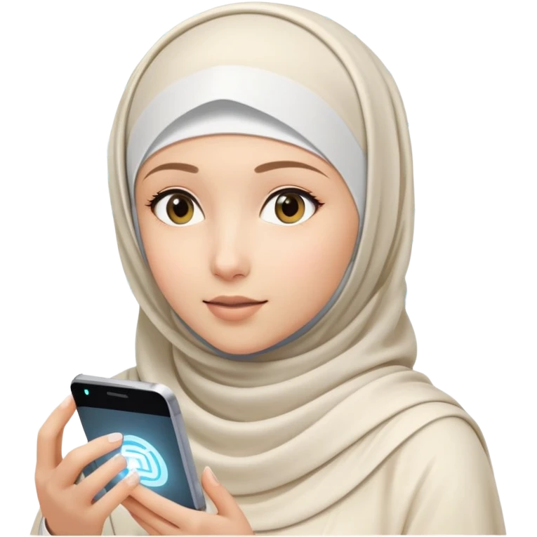 girl with white hijab working with augmented reality and metaverse, digital code, virtual machine artifacts floating around her emoji