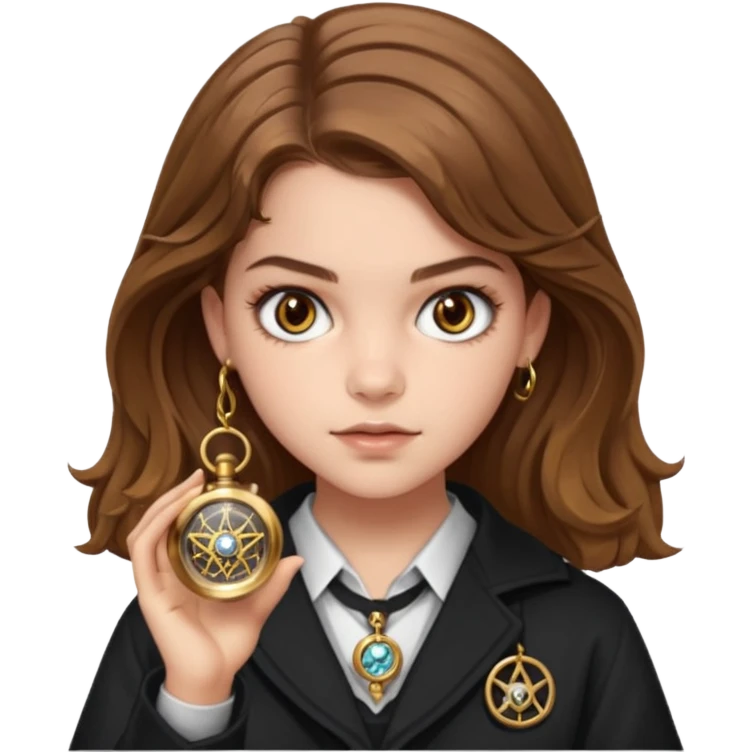 Barbara Palvin as Hermione Granger with brown eyes and holding a time turner emoji