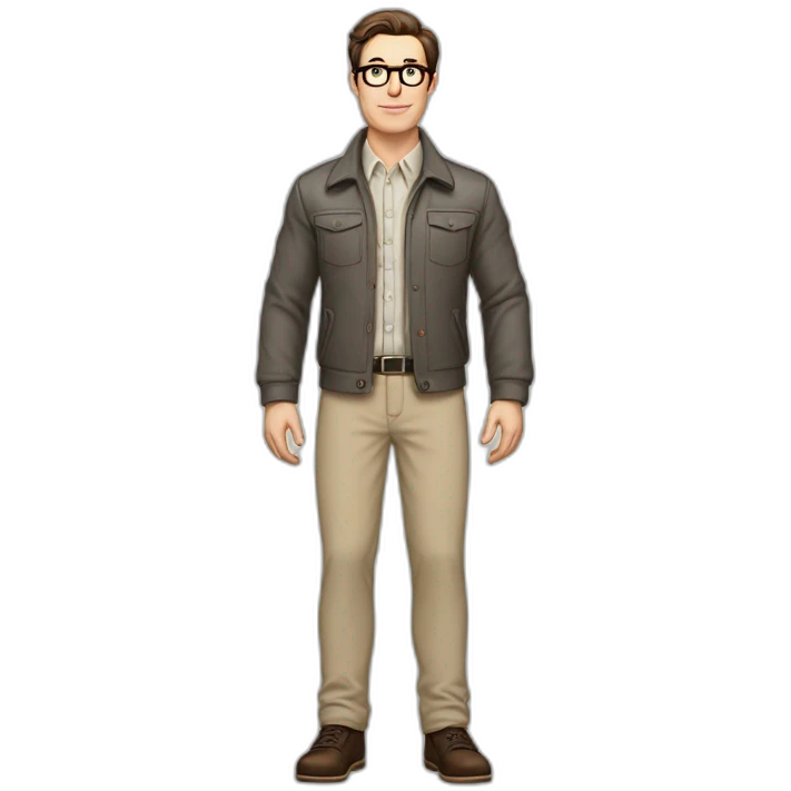 Full height Pale skinned Fit Man With dark brown hair in gray classic jacket, beige office shirt, Brown pants and vintage glasses. Thrumbs of his palms upwards emoji
