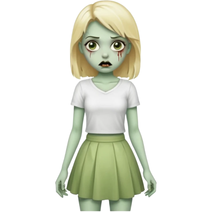 zombie blonde girl with white skirt, green skin and that it be in frontal zoom form emoji