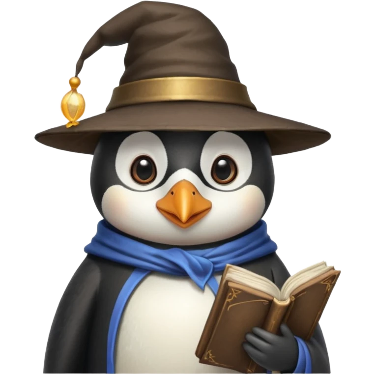 A penguin wizard with a round hat and a spellbook emoji