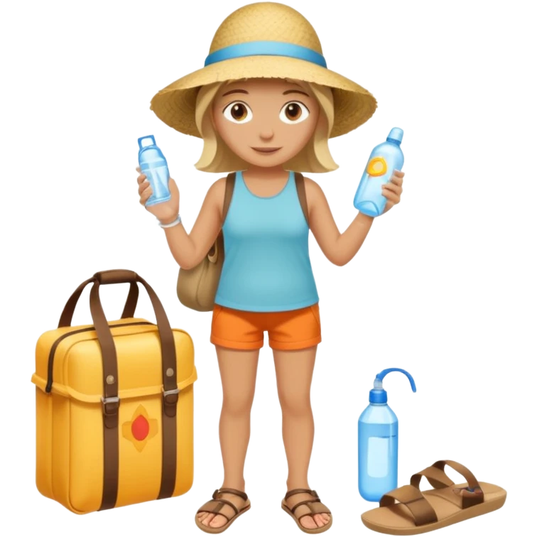 summer survival kit: SPF, water, sunhat, sandals, hot weather essentials emoji