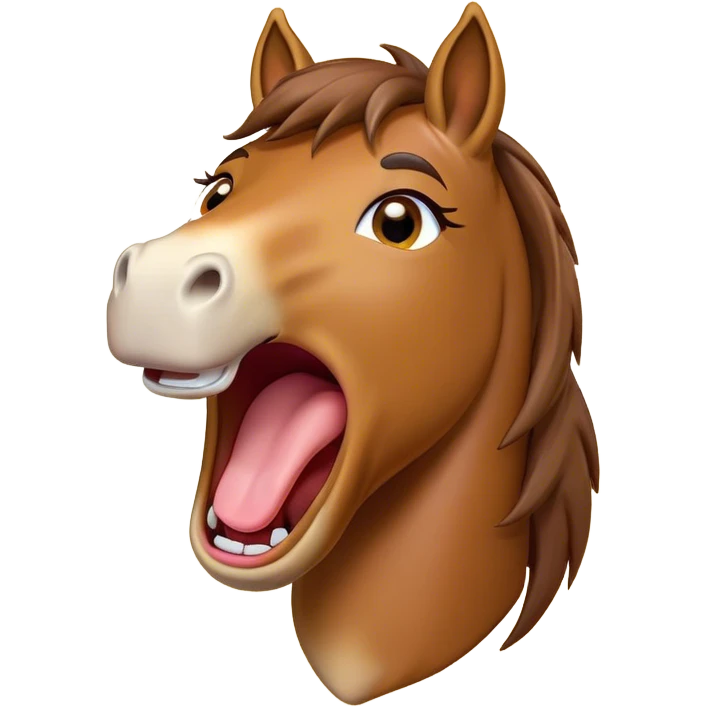 Cinematic Cute Yawning Bay Horse Portrait Emoji, Head tilted slightly with a dramatic, wide-open yawn, revealing a smooth bay fur with a subtle luster, floppy ears slightly drooping, round amber eyes barely open in drowsy contentment, Simplified yet irresistibly adorable features, highly detailed, glowing with a soft, cozy glow, high shine, relaxed yet expressive, stylized with a touch of equine whimsy, bright and endearing, soft glowing outline, capturing the essence of a sleepy yet affectionate horse, so drowsy it feels like it could stretch out of the screen and curl up for a nap! emoji