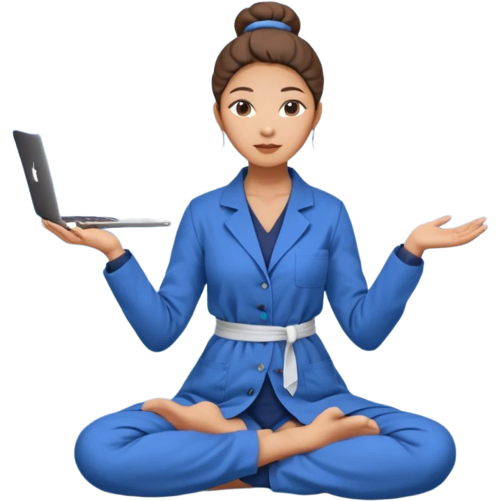 emoji of an asian woman with a single bun in a long blue labcoat sitting cross legged with dna levitating above one hand and an macbook above the other hand emoji