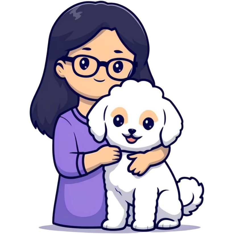 Girl with long black hair and glasses holding a white Bichon Frise dog emoji