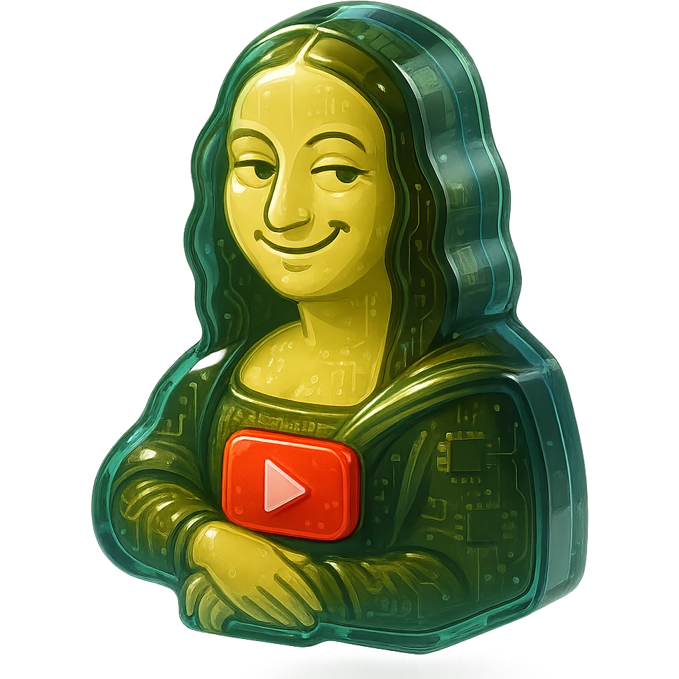 Mona Lisa with a playful sarcastic grin, red YouTube play button, glossy circuit style emoji