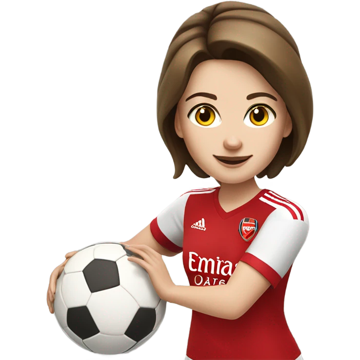 Pretty white woman in Arsenal jersey with short brown hair kicking a soccer ball emoji
