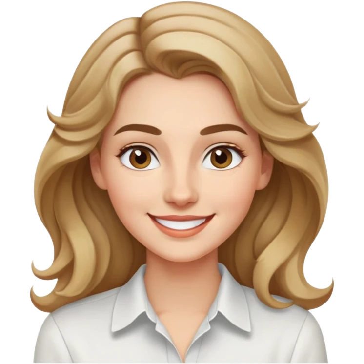 Mujer joven caucasian, cara alargada, cejas suaves, pelo rubio oscuro ondulado con puntas claras, raya al lado. Sonrisa amplia, expresión alegre. Camisa blanca. emoji