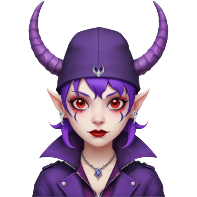 purple girl demon with tattoos, hat, jacket and horns emoji