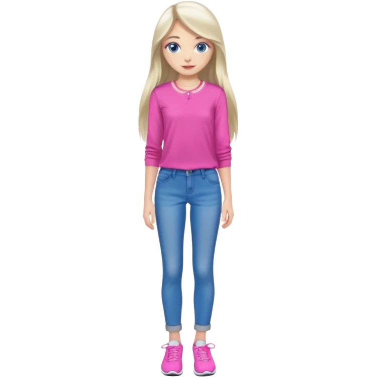 beautiful girl with long fair hair, blue eyes, in a vivid pink blouse, grey jeans and white trainers emoji