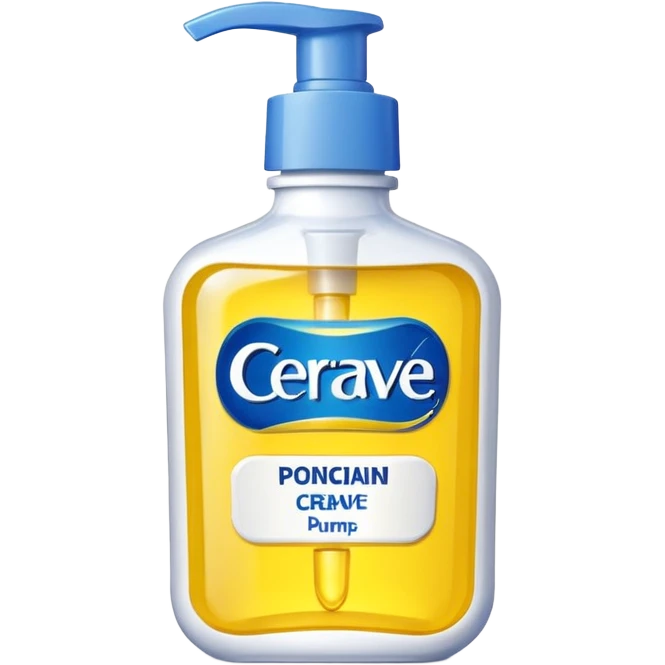 White CeraVe pump bottle with blue label and bright yellow  glow badge. Floating in golden morning light, encircled by radiant sunbeams and shimmering protective particles. Shield Glossy, potion-like, symbolizing daily moisture and powerful sun defense. emoji