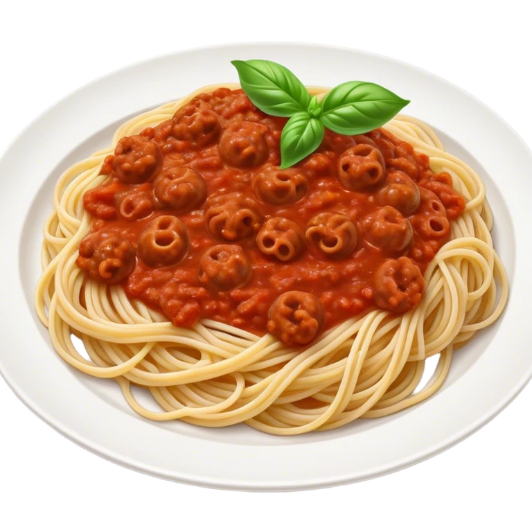 Spaghetti Bolognese on a plate, already mixed together, nice basil on top emoji
