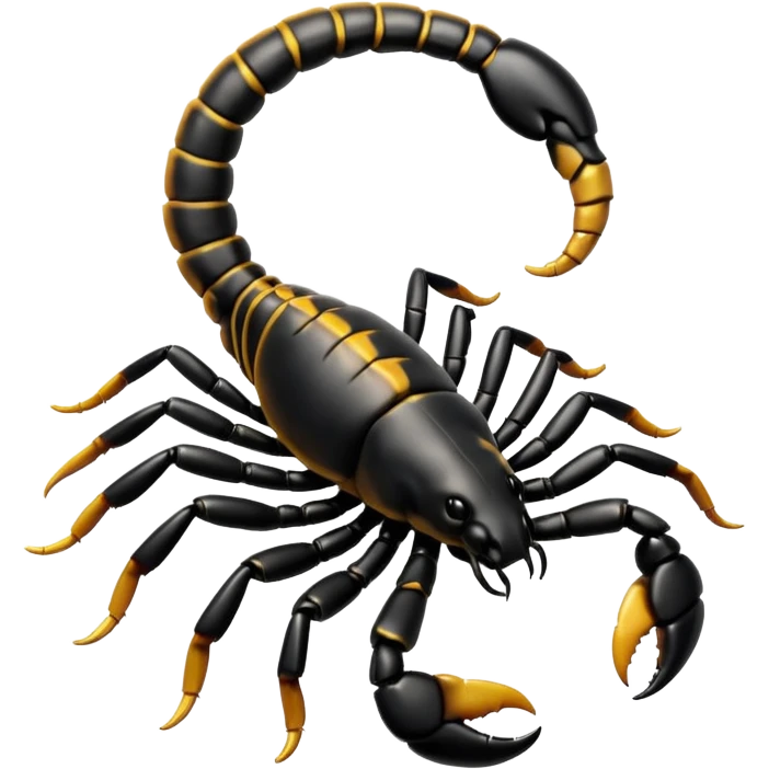 A 3D cartoon scorpion with shiny dark body and curled tail, on a light surface, realistic Memoji-style, soft lighting. emoji