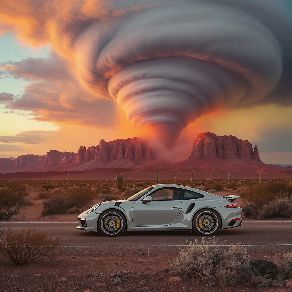 A modern desert mountain, wallpaper, modern, porsche 911, sunset, arizona desert, tornado in background emoji