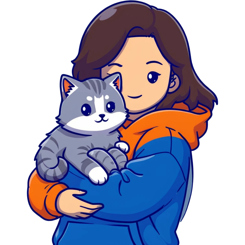 Brunette girl with dark blue sweatshirt cuddling a fluffy grey Siberian cat, detailed illustration emoji