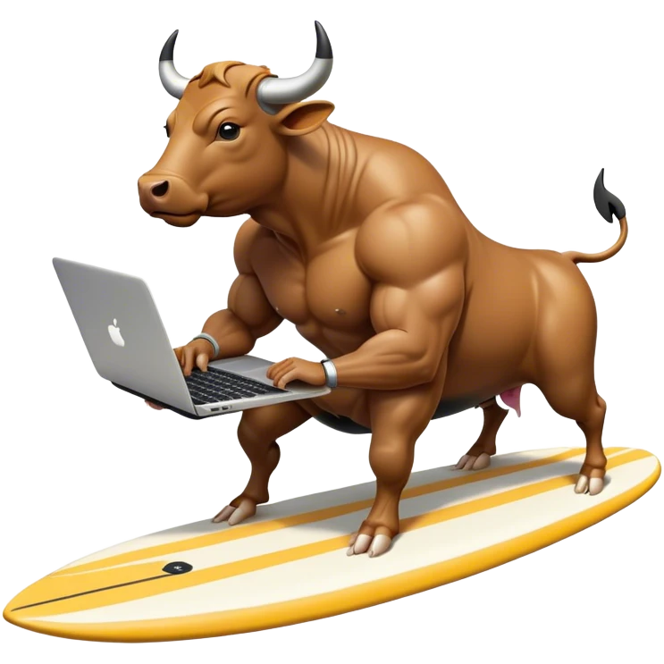 Bull on a surfboard with a laptop. emoji