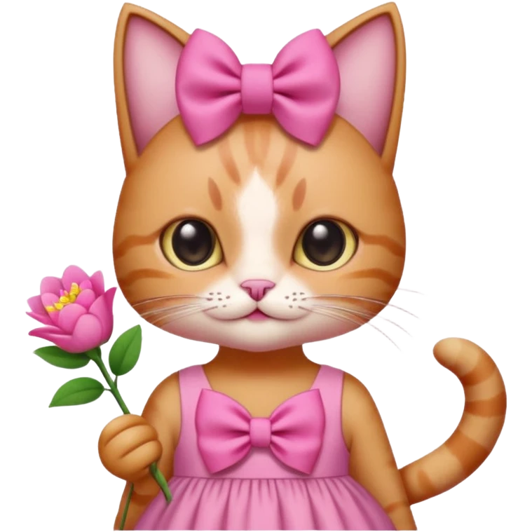 گربه‌ای که یه گل صورتی دستش باشه رو سر خودش پاپیون باشه لباس صورتی تنش باشه و یک کادر صورتی کوچیک بالای سرش باشه emoji
